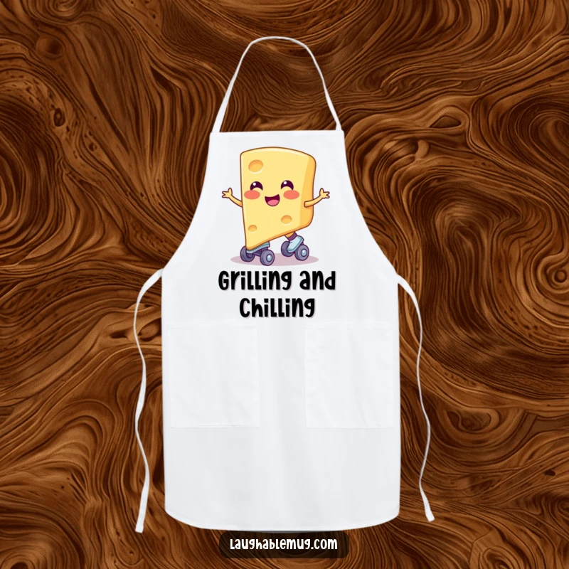 Funny apron featuring a smiling cheese slice on skates, offering kitchen protection with cheesy flair, a practical and charming funny gift.