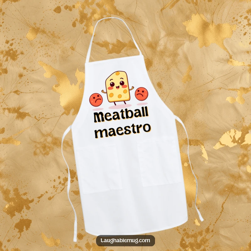 Funny Cheese Juggling Meatball Apron: A cheese slice character humorously juggles meatballs, a fun kitchen accessory.