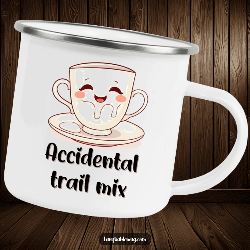 Funny camping mug showing a teacup playfully pouring milk on its saucer, designed for outdoor enjoyment.