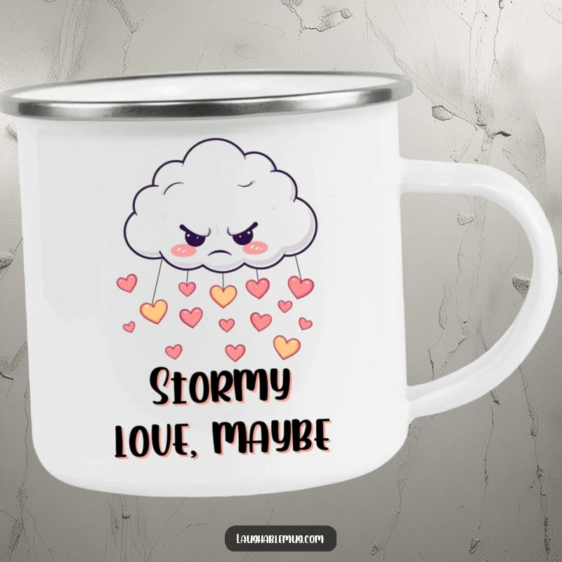 Funny camping mug showing a grumpy cloud raining happy hearts, designed for outdoor enjoyment.