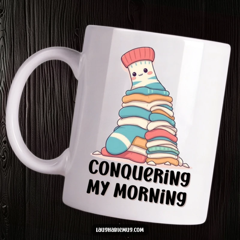 Funny Mug: Brave sock heroically climbing a massive laundry pile, symbolizing laundry day struggles with a determined, effortful expression.