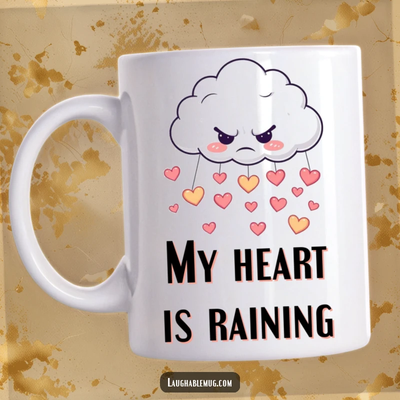 Funny mug showing a grumpy cloud shedding tears of happy heart-shaped raindrops, a mix of moods.