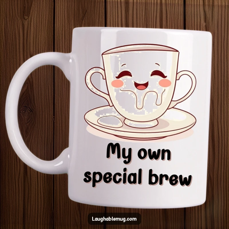 Funny mug featuring a mischievous teacup gleefully pouring milk onto its own saucer, creating a playful kitchen scene.