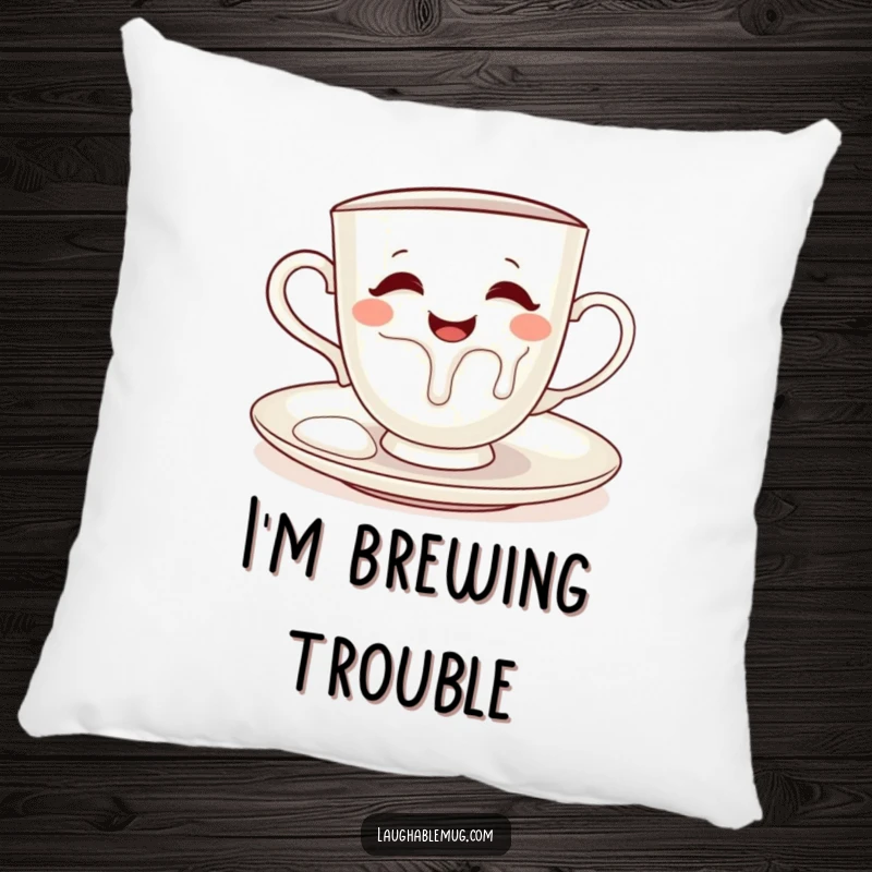 Funny pillow illustrating a mischievous teacup pouring milk onto its saucer, a cute and comfortable home accent.