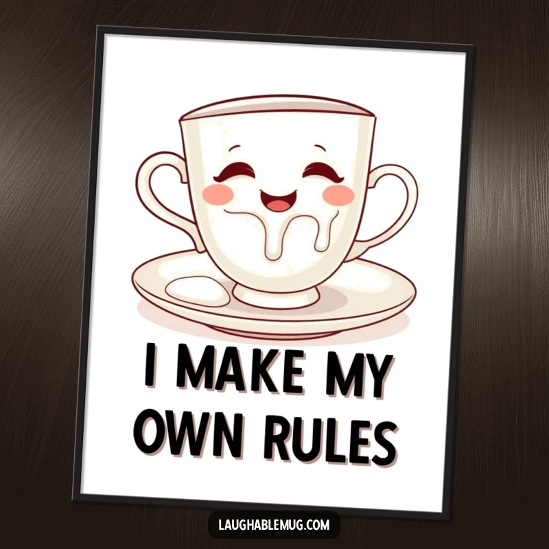 Funny digital art print of a mischievous teacup pouring milk onto its saucer, ideal for kitchen decor.