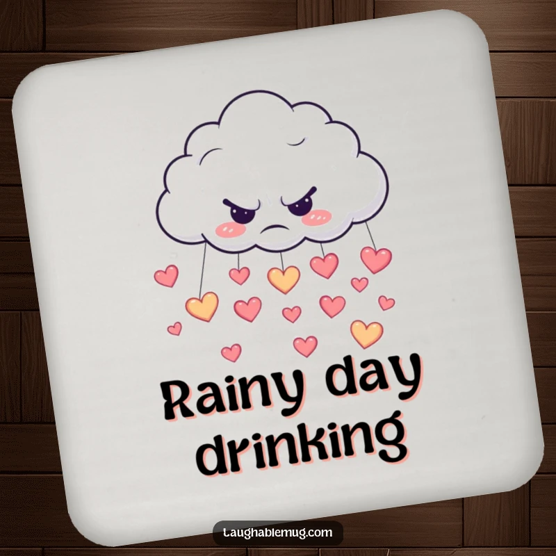 Funny drink coaster with a grumpy cloud raining happy heart-shaped drops, a cute addition to any table.