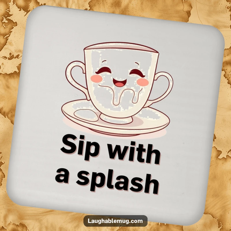 Funny drink coaster with a mischievous teacup pouring milk onto its saucer, a cute addition to any table.