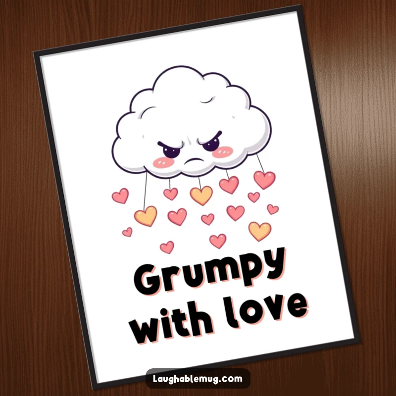 Funny poster featuring a grumpy cloud raining happy little hearts, a whimsical piece of art.