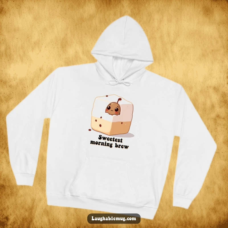 Funny Hoodie: A curious coffee bean emerges from a large sugar cube, offering a humorous and cozy graphic for coffee lovers.