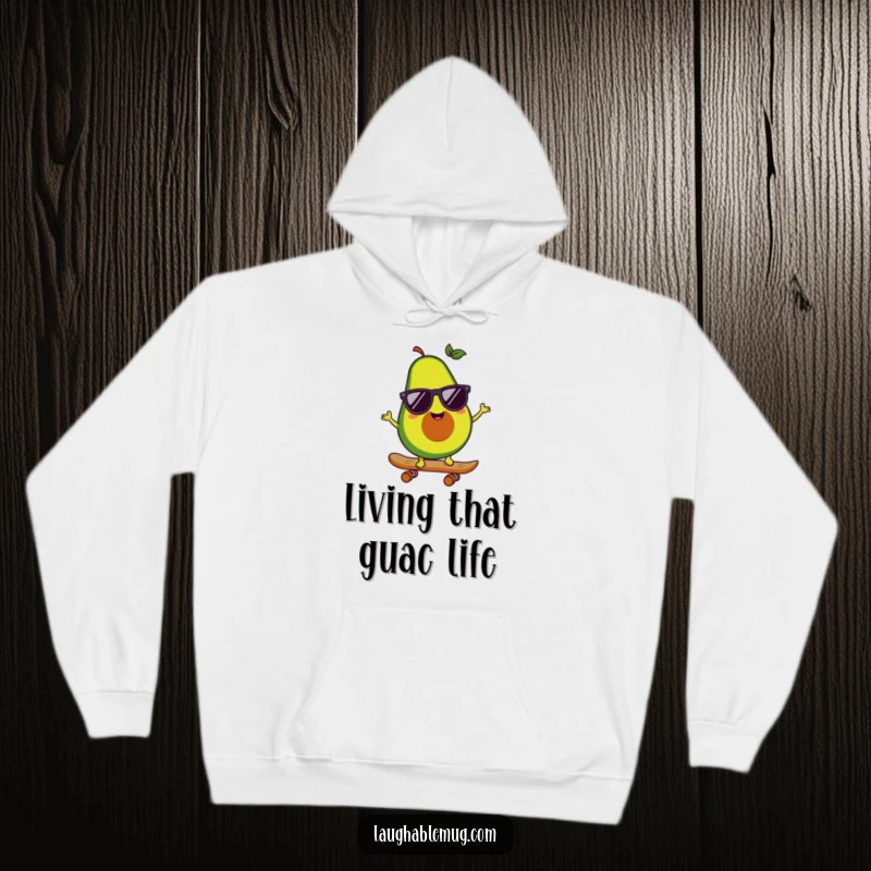 Funny hoodie featuring a happy avocado character on a skateboard, wearing sunglasses for ultimate cool and comfort.
