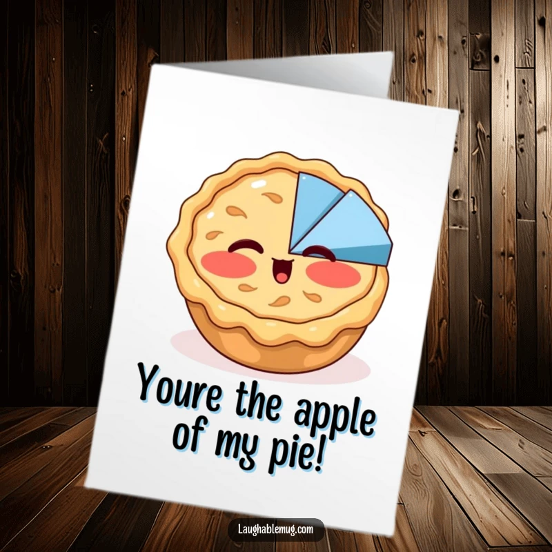 Funny free printable birthday card: A shy apple pie blushes and winks at a pie chart, perfect for a humorous birthday.