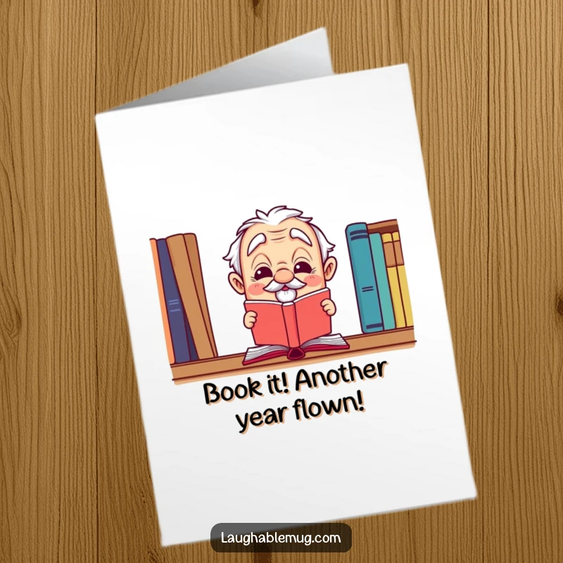 Funny Free Printable Birthday Card: A wise old book with winking eyes is leaping off a shelf, a perfect downloadable gift.