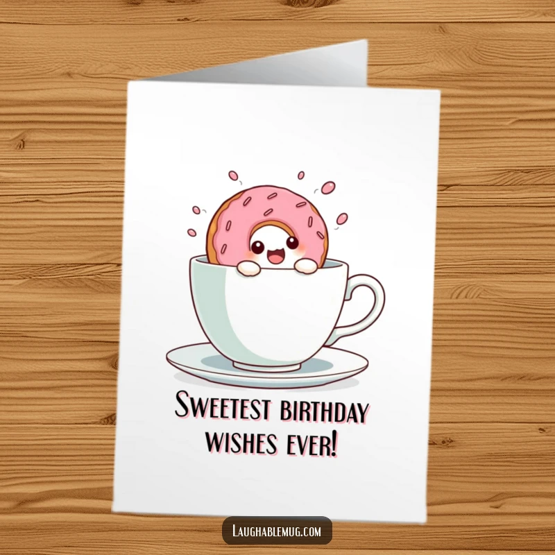Funny Free Printable birthday card featuring a cute kawaii donut character joyfully diving headfirst into a giant teacup.
