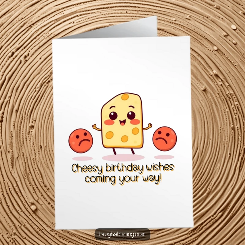 Funny Free Printable birthday card featuring a cartoon cheese slice character hilariously juggling three wobbly meatballs, ready to celebrate.