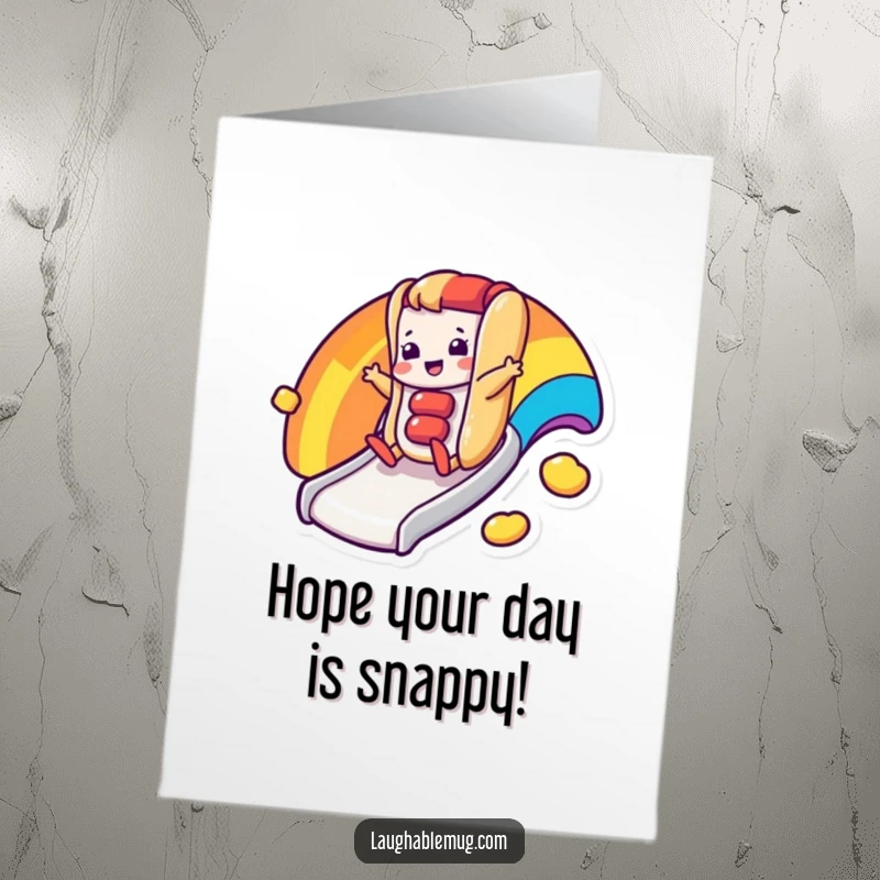 Funny Free Printable Birthday Card: A happy hot dog character slides gleefully down a vibrant rainbow slide, celebrating.