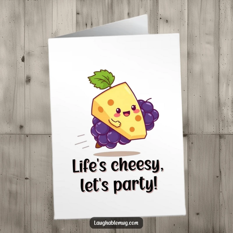 Funny Free Printable Birthday Card: A playful slice of cheese attempts to ride a runaway grape, a hilarious downloadable gift.