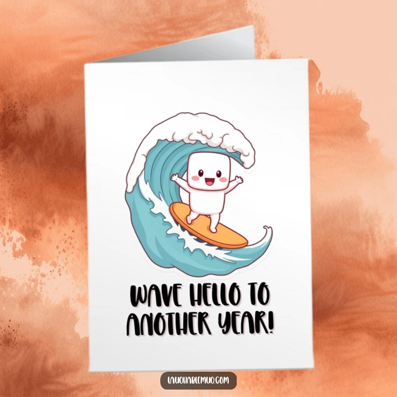 Funny free printable birthday card: A cheerful marshmallow surfs a giant coffee mug wave, ready for a hilarious celebration.