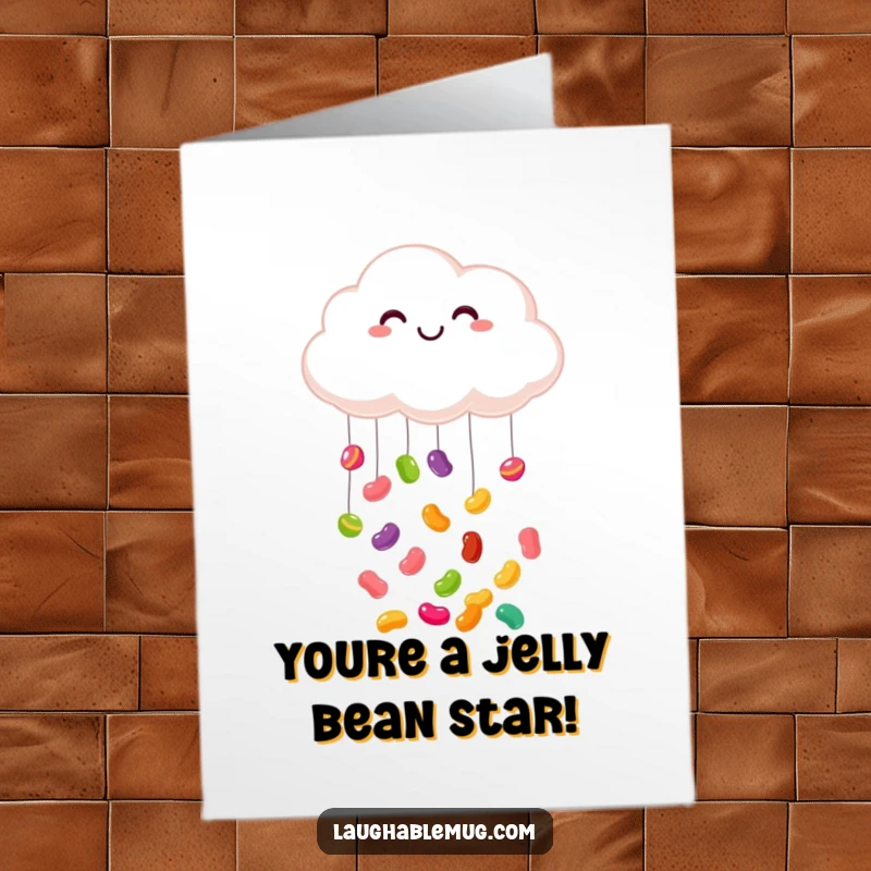 Funny Free Printable Congratulations Card: A happy cloud raining colorful jelly beans, celebrating a joyous occasion.