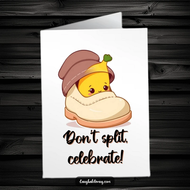 Funny Free Printable Congratulations Card: A bashful banana character peeks from behind a large shoe, celebrating their achievement shyly.