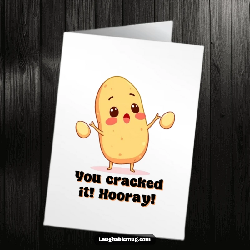 Funny Free Printable Congrats Card: Surprised potato juggling eggs, celebrating success with energetic humor, perfect for congrats.