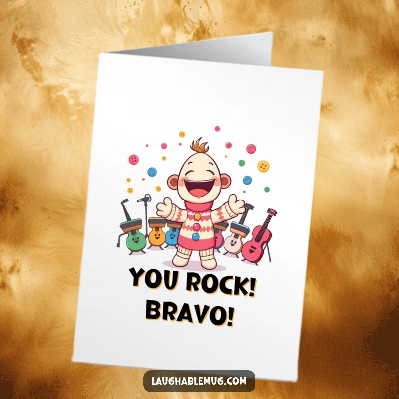 Funny Free Printable Congratulations Card: Cheerful sock puppet conducts a button orchestra, celebrating an achievement, a unique downloadable gift.