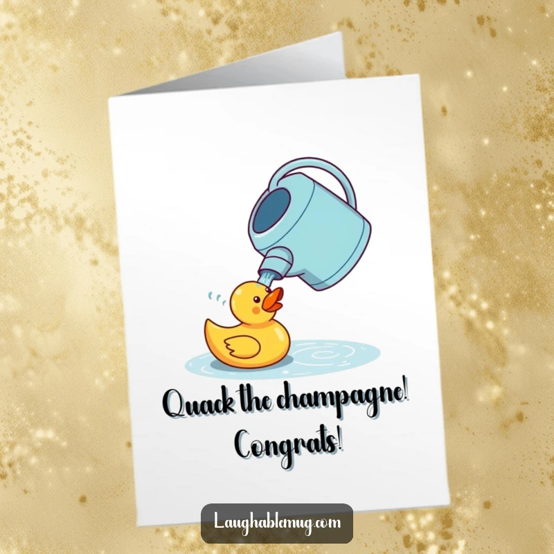 Funny free printable congratulations card: A confused watering can tries to water a rubber duck, celebrating success with absurd humor.