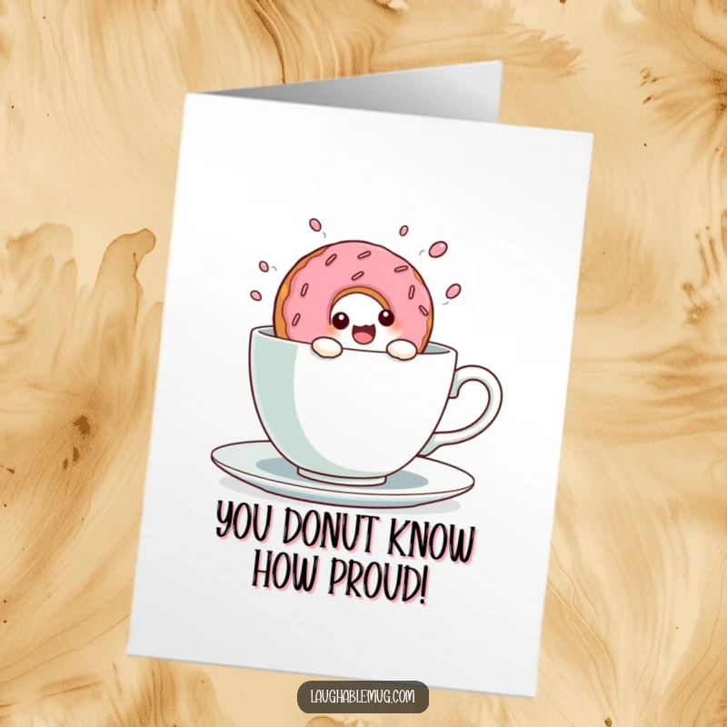 Funny Free Printable congratulations card with a kawaii donut character enthusiastically diving into a teacup, celebrating success.
