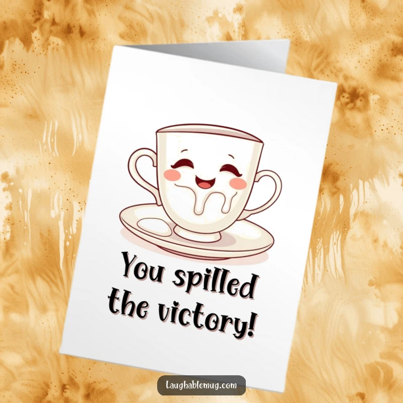 Funny free printable congratulations card featuring a teacup pouring milk on its saucer, a comical way to celebrate success.