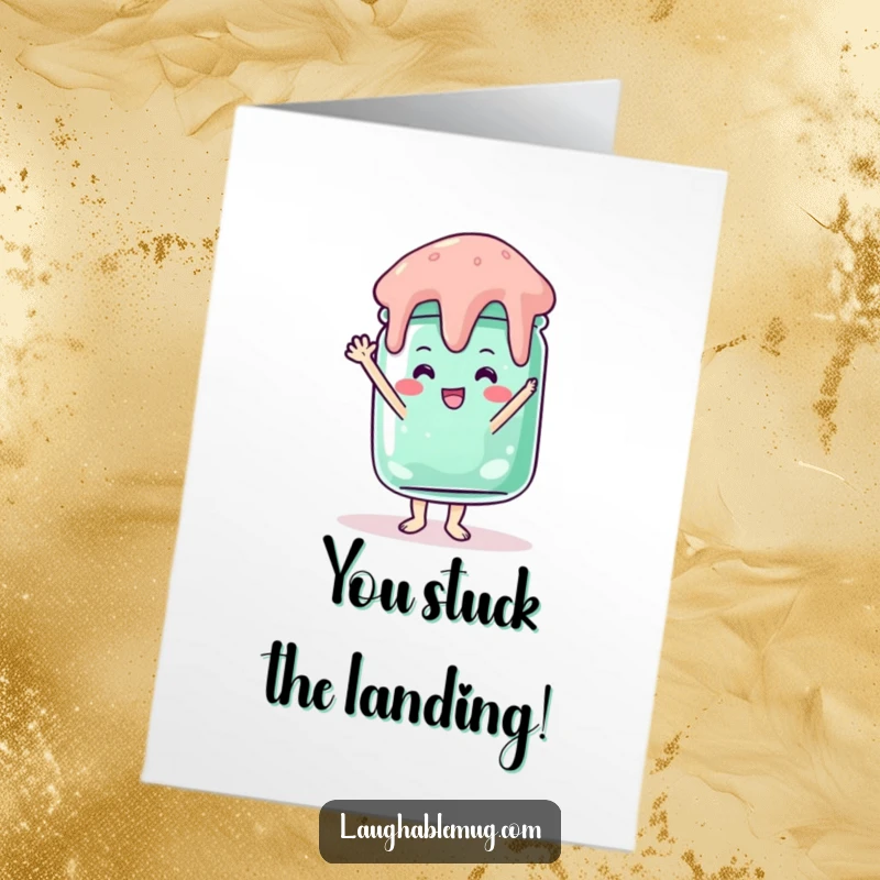 Free Printable Congratulations Card: A determined, wobbly jelly jar striving for a handstand, perfect for any occasion.