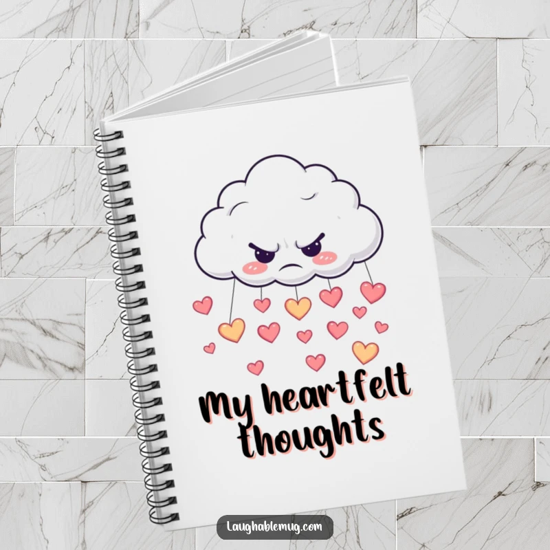 Funny notebook featuring a grumpy cloud raining happy heart-shaped drops, perfect for journaling.