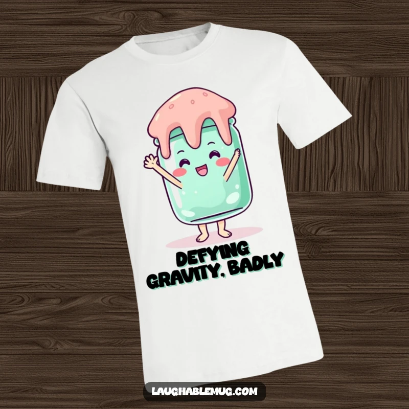 Funny T-shirt depicting a jelly jar bravely attempting a hilarious handstand, full of playful instability.