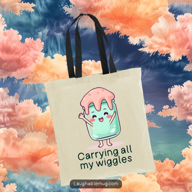 Funny tote bag showcasing a jelly jar attempting a wobbly handstand, a humorous accessory for everyday life.