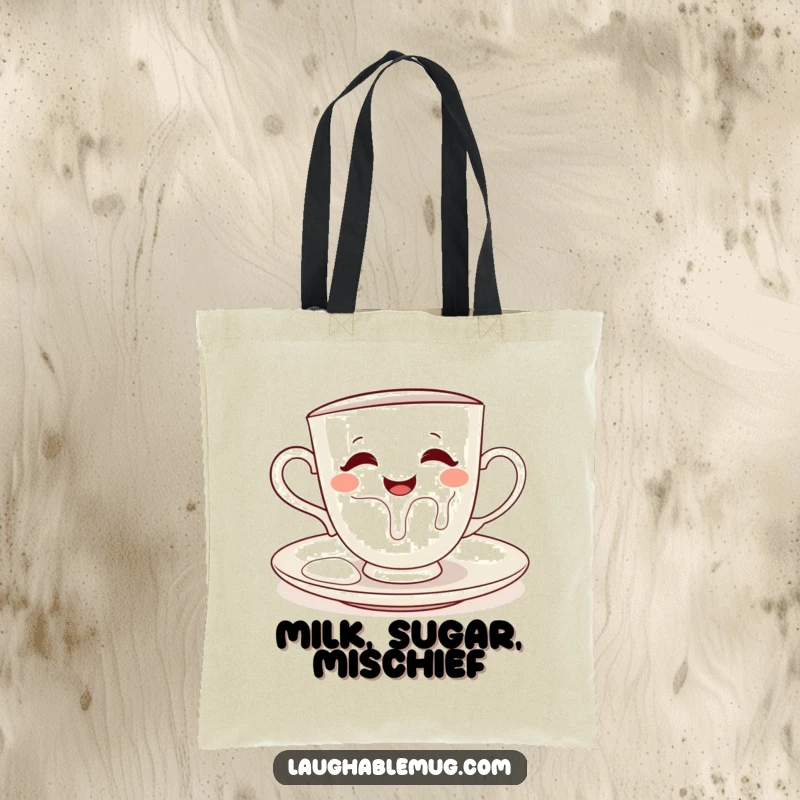 Funny tote bag showing a mischievous teacup pouring milk onto its saucer, a cute kitchen accessory.